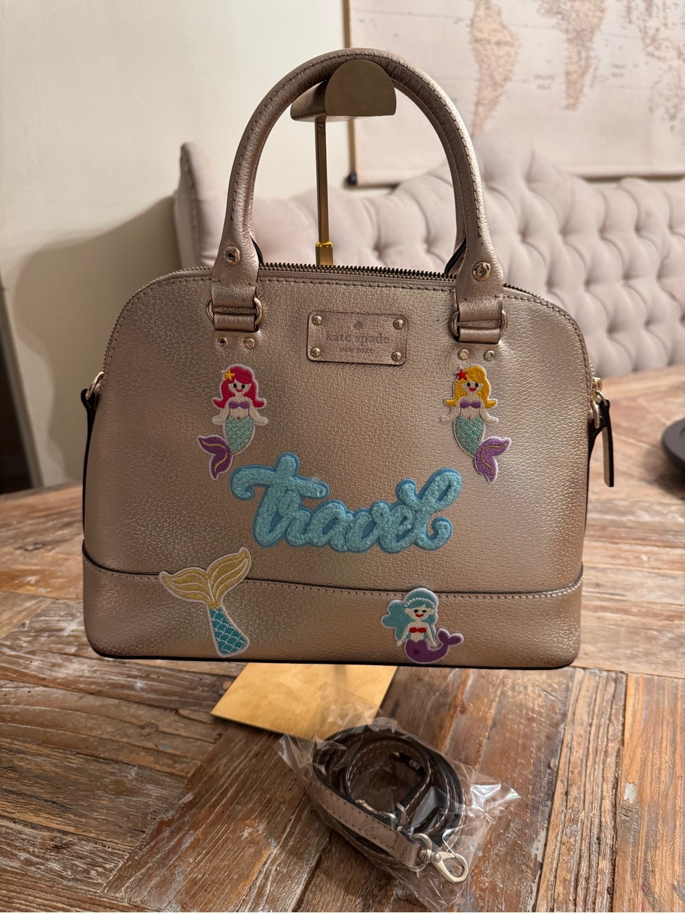 kate spade Metallic Champagne Dome Satchel with Mermaid Travel Appliqués